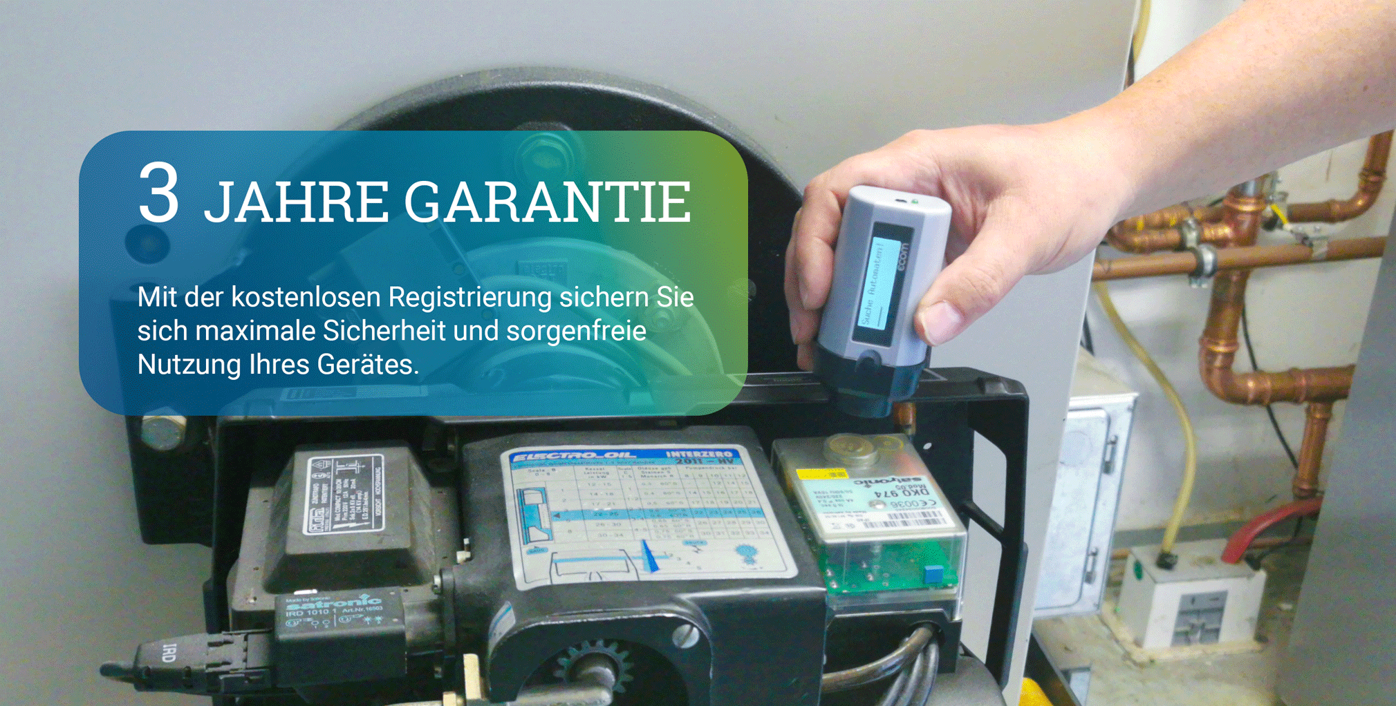 Digitaler Feuerungsautomat mit ecom xRE, Text: 3 Jahre Garantie